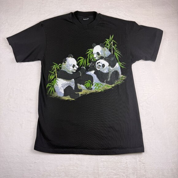 Vintage 90s Panda Graphic T-Shirt Black Bamboo Print Men’s Medium Wildlife - Picture 1 of 7